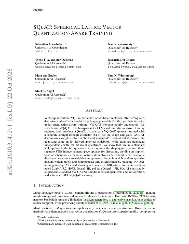 First page of SQuAT: Spherical Lattice Vector Quantization-Aware Training
