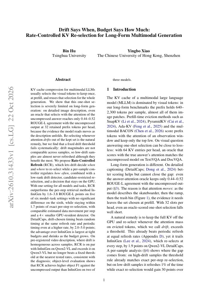 First page of Drift Says When, Budget Says How Much: Rate-Controlled KV Re-selection for Long-Form Multimodal Generation