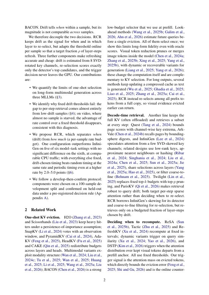 Page 2 of Drift Says When, Budget Says How Much: Rate-Controlled KV Re-selection for Long-Form Multimodal Generation