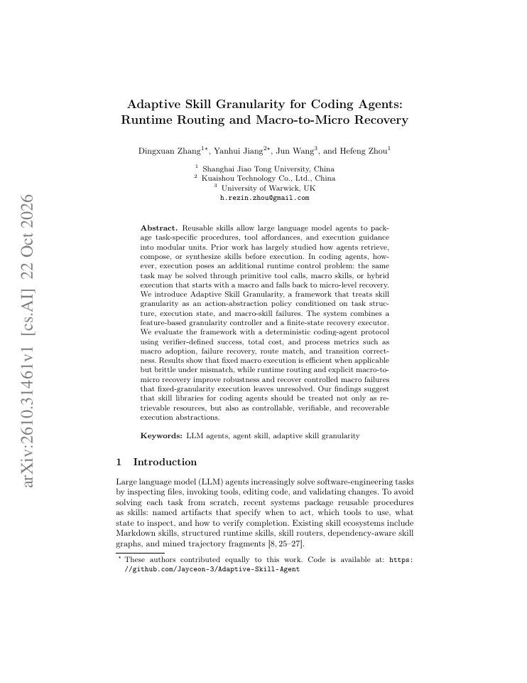 First page of Adaptive Skill Granularity for Coding Agents: Runtime Routing and Macro-to-Micro Recovery