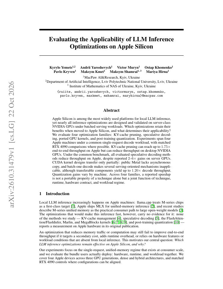First page of Evaluating the Applicability of LLM Inference Optimizations on Apple Silicon