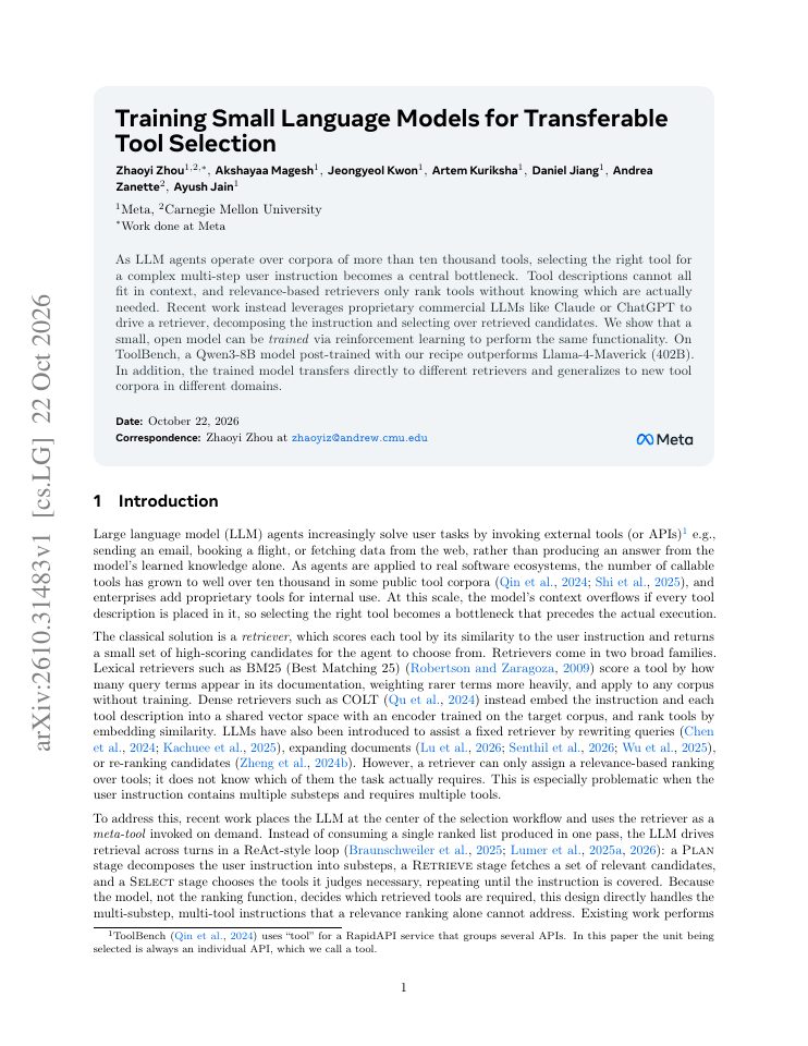 First page of Training Small Language Models for Transferable Tool Selection