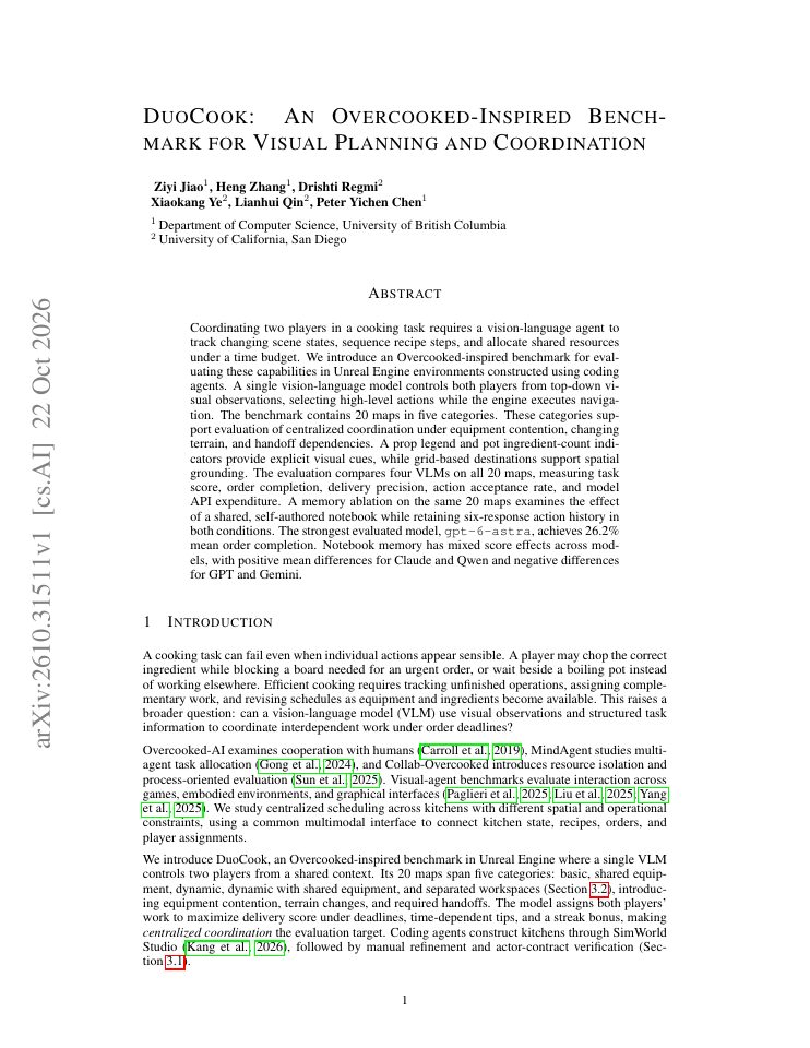 First page of DuoCook: An Overcooked-Inspired Benchmark for Visual Planning and Coordination