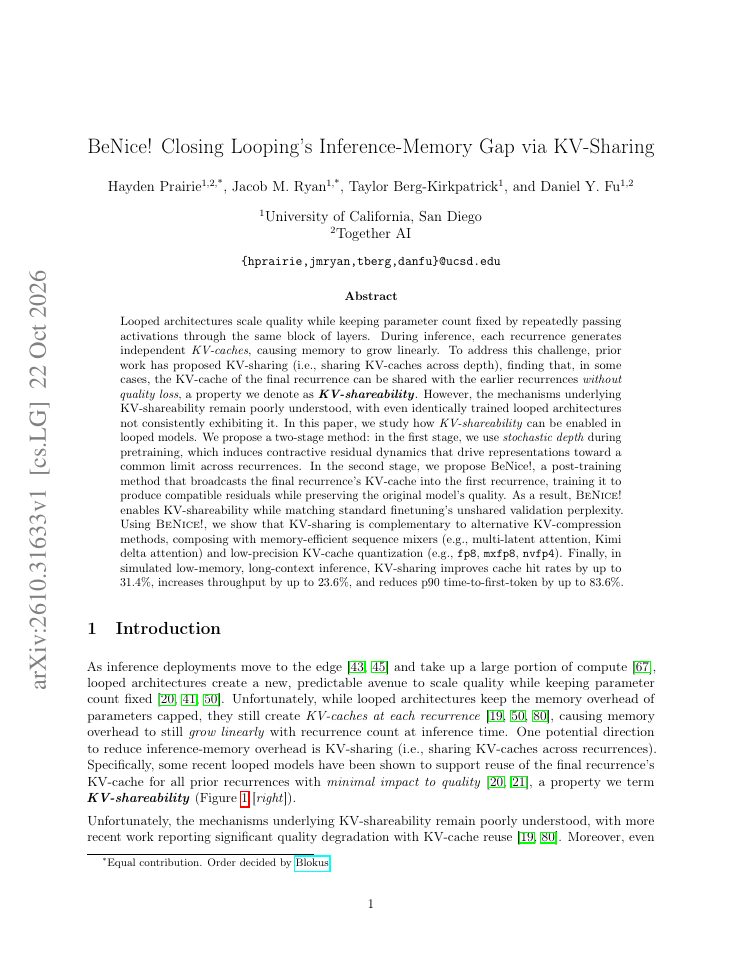 First page of BeNice! Closing Looping's Inference-Memory Gap via KV-Sharing