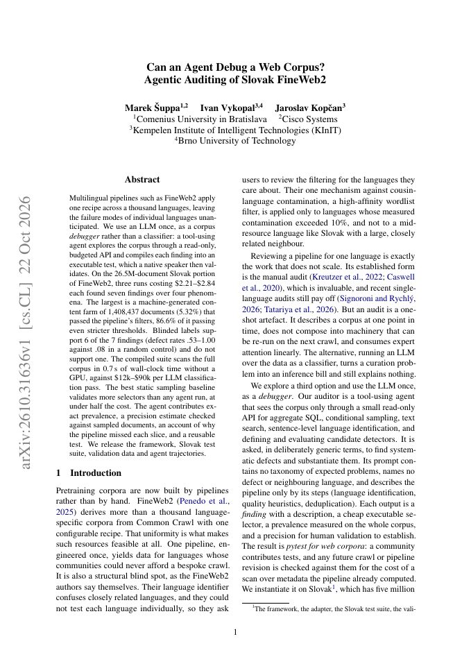 First page of Can an Agent Debug a Web Corpus? Agentic Auditing of Slovak FineWeb2