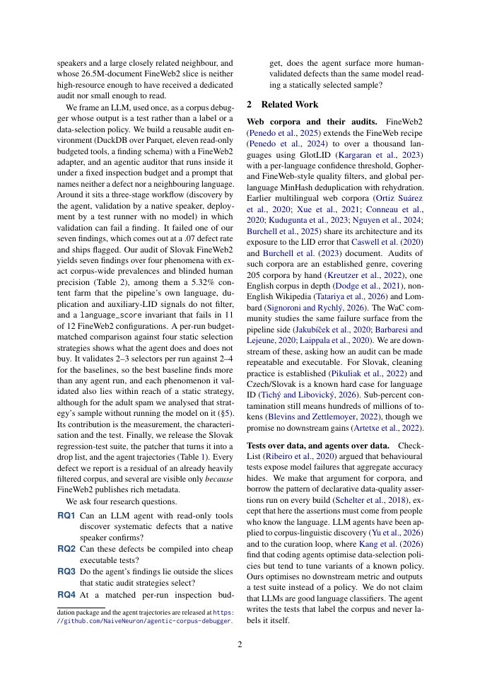 Page 2 of Can an Agent Debug a Web Corpus? Agentic Auditing of Slovak FineWeb2