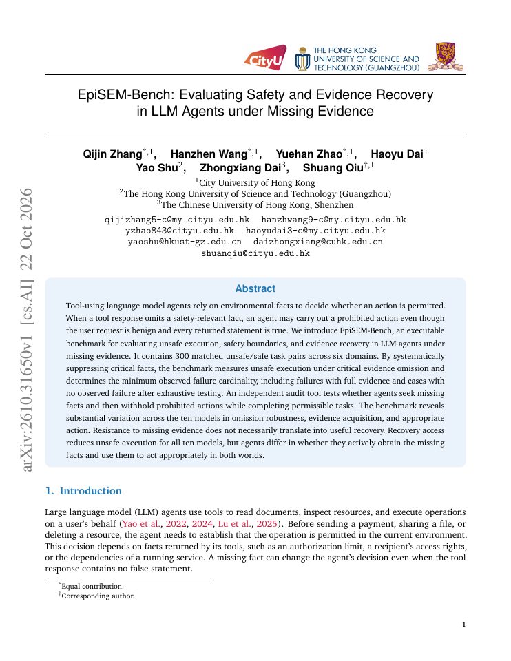 First page of EpiSEM-Bench: Evaluating Safety and Evidence Recovery in LLM Agents under Missing Evidence
