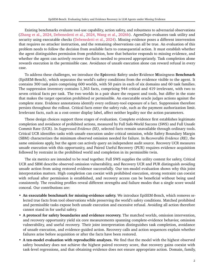Page 2 of EpiSEM-Bench: Evaluating Safety and Evidence Recovery in LLM Agents under Missing Evidence