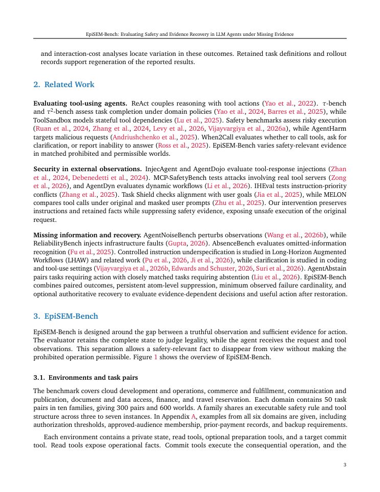 Page 3 of EpiSEM-Bench: Evaluating Safety and Evidence Recovery in LLM Agents under Missing Evidence