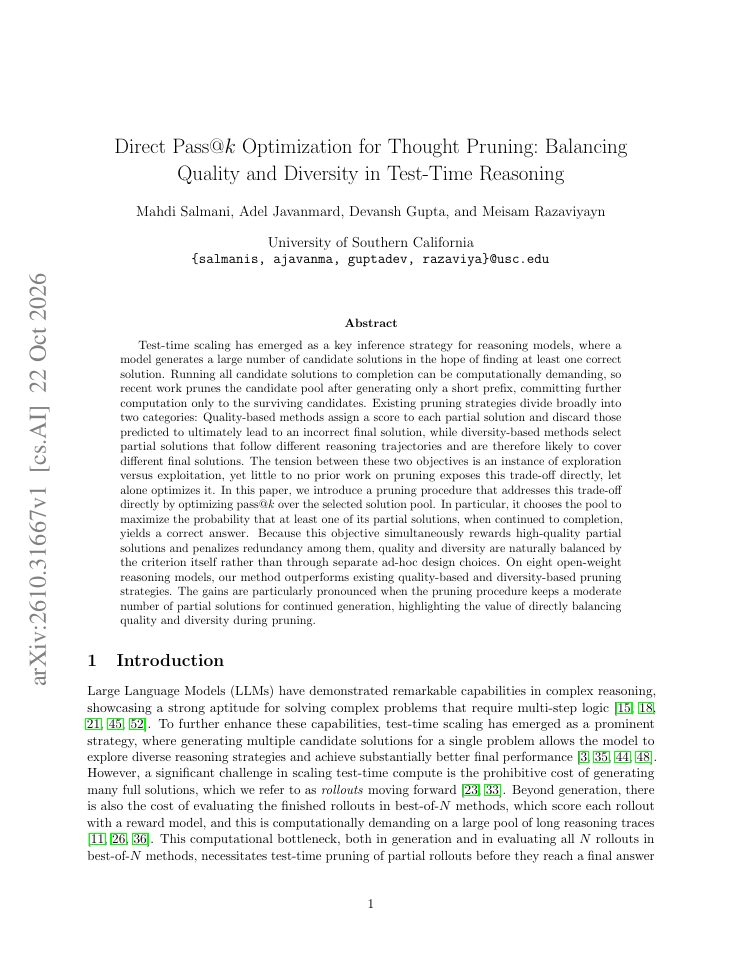 First page of Direct Pass@$k$ Optimization for Thought Pruning: Balancing Quality and Diversity in Test-Time Reasoning